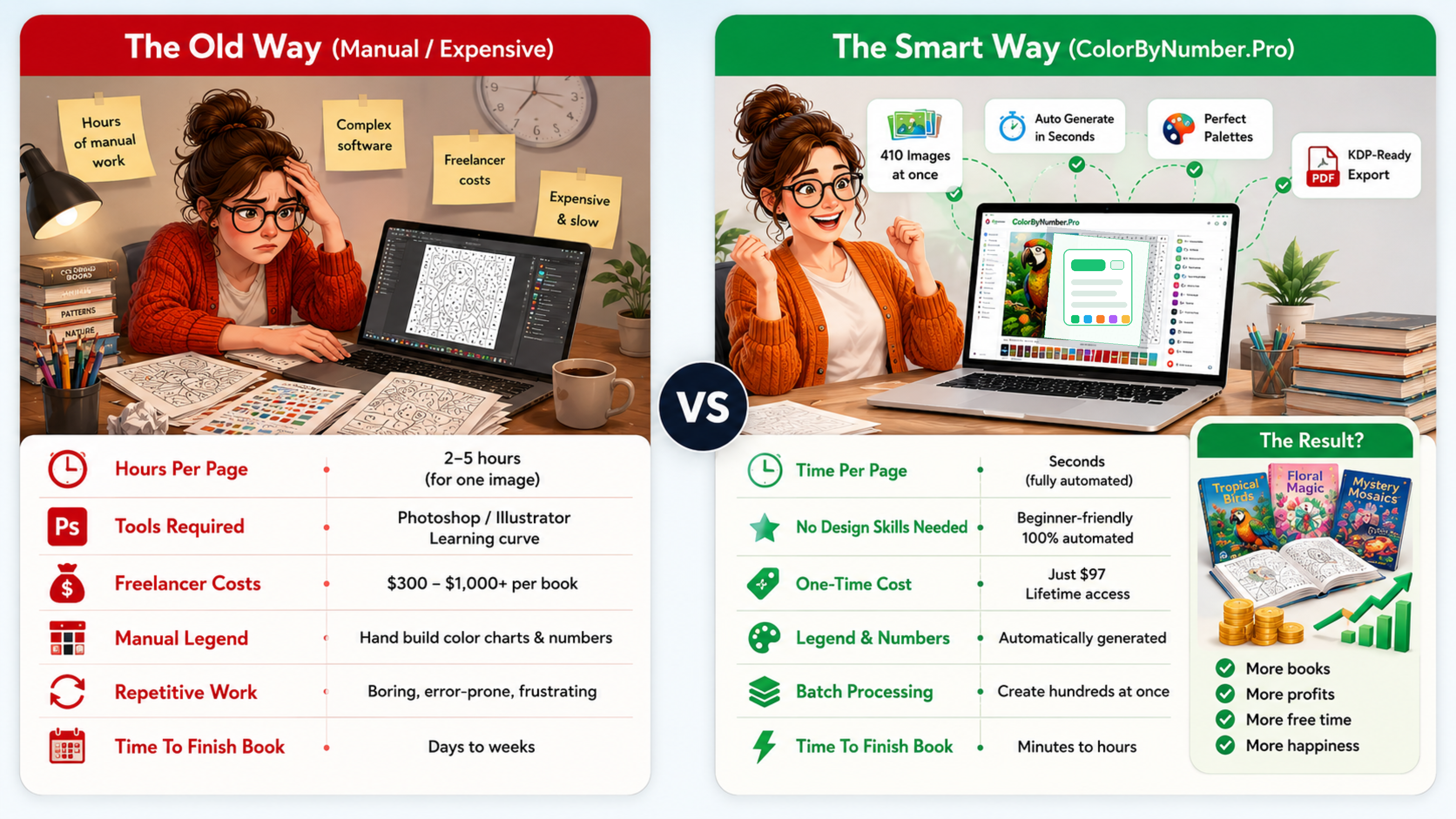 Old manual page creation compared with ColorByNumber.Pro automated publishing workflow