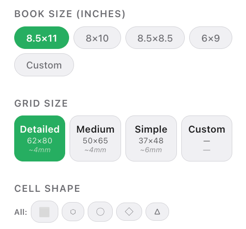 Customize and create screen showing book size, grid size, and cell shape options