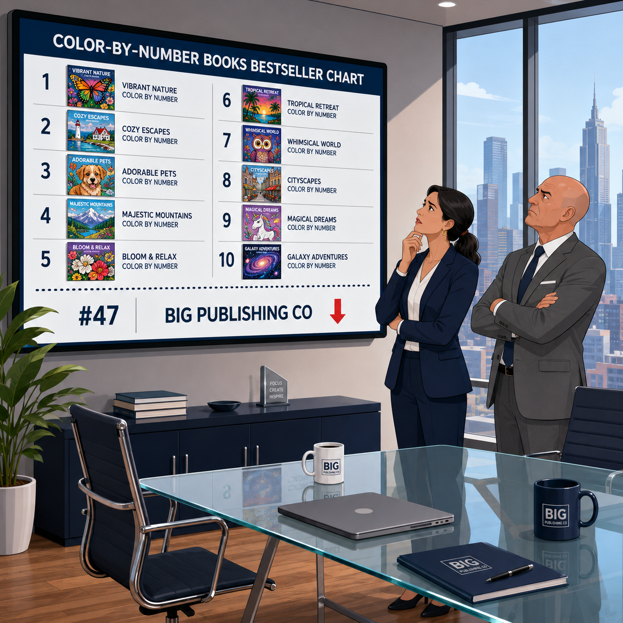 Cartoon of confused publishing house executives looking at bestseller charts