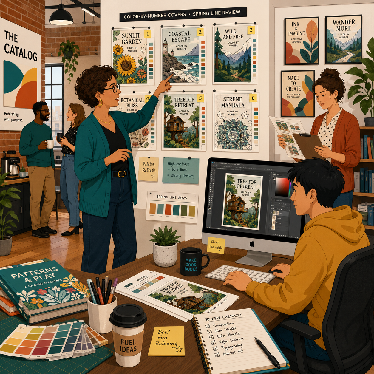 Cartoon of a busy publishing house production team