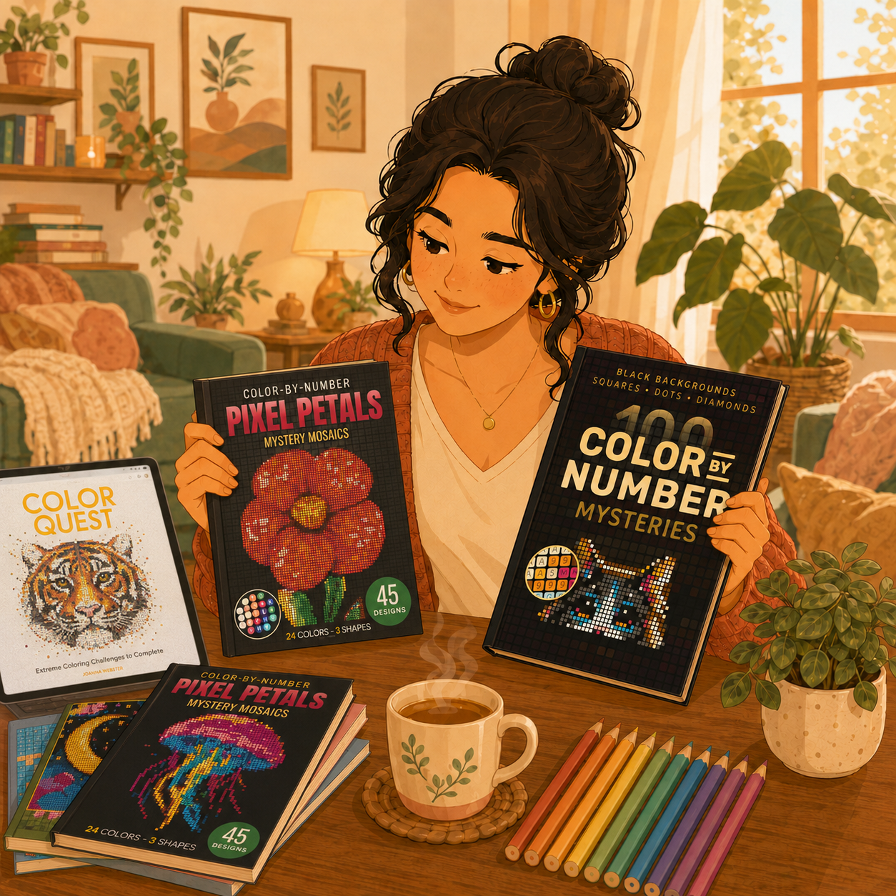 Cartoon illustration of a creator comparing two color-by-number books at her cozy desk