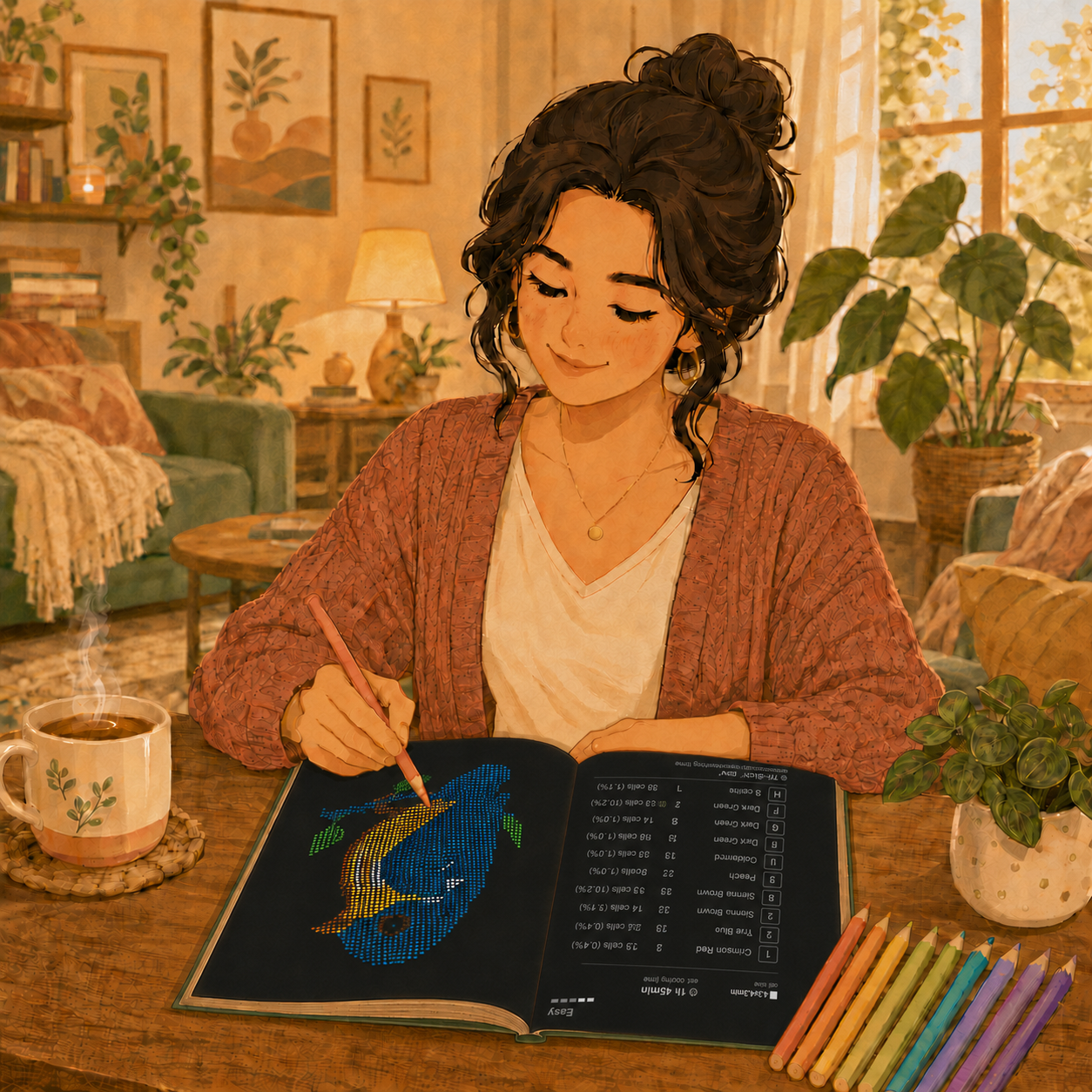 Cartoon illustration of a woman coloring a color-by-number book at a table
