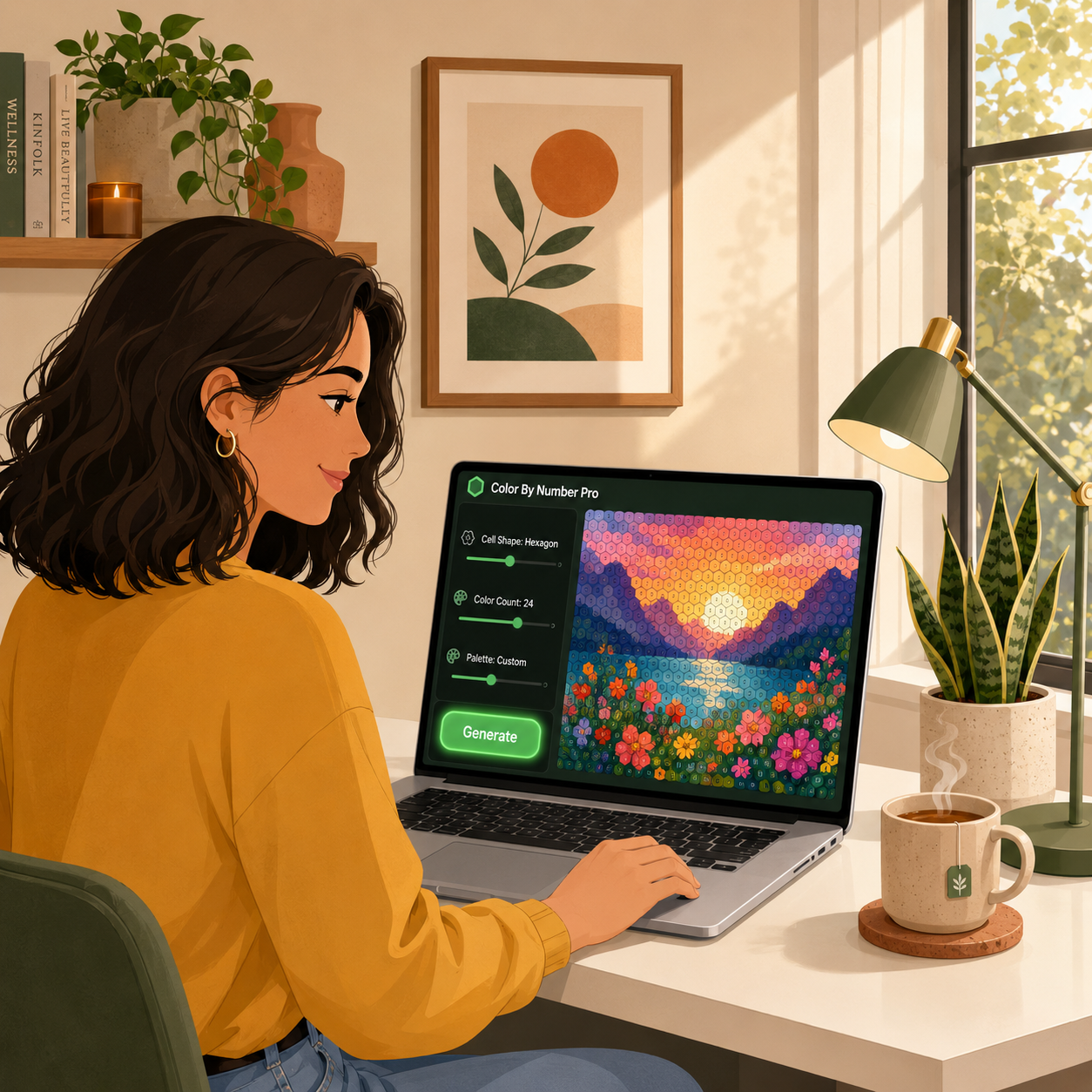 Cartoon of a creator using Color By Number Pro from her home office laptop