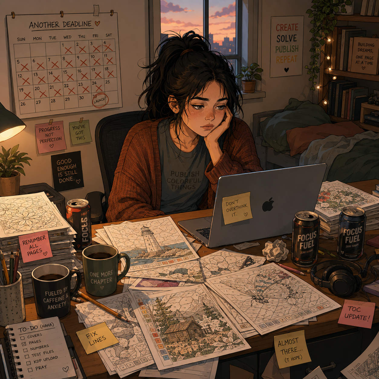 Solo publisher overwhelmed at her desk