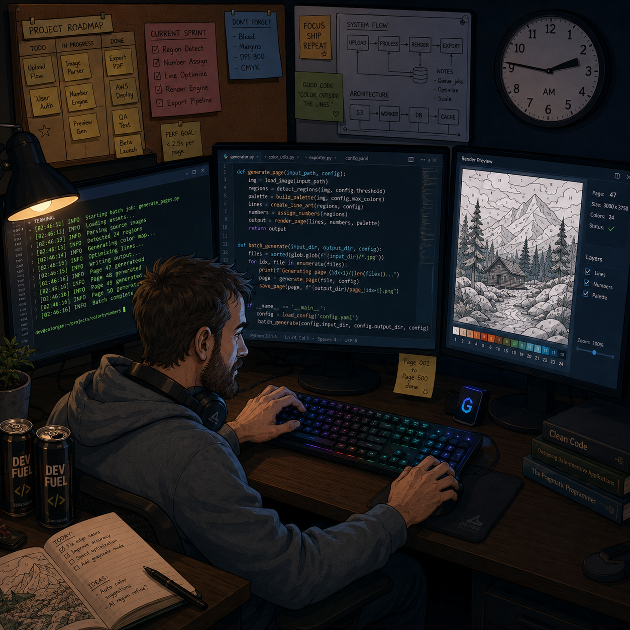 Developer at a multi-monitor workstation building a custom system