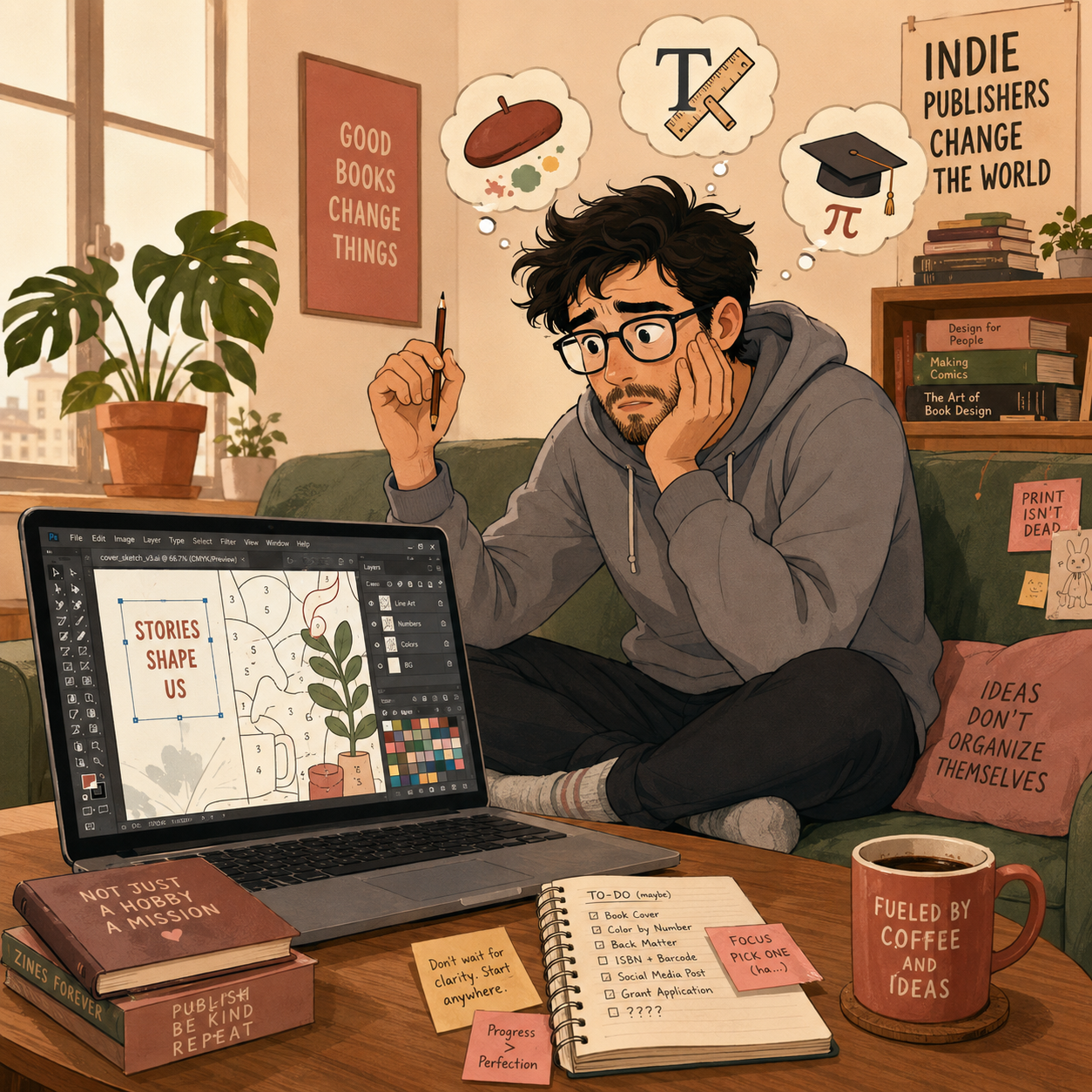 Cartoon illustration of the publisher overwhelmed by Photoshop interface