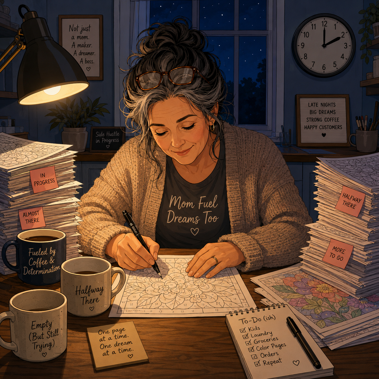 Cartoon illustration of the publisher buried in coloring book pages late at night