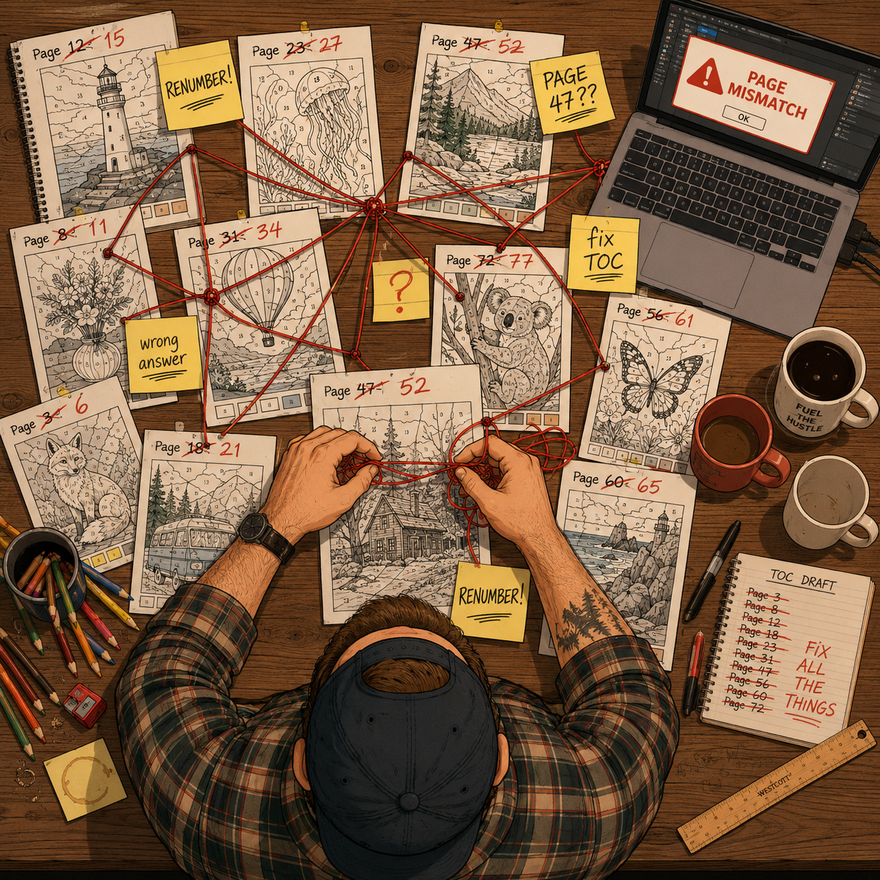 Cartoon illustration of the publisher tangled in numbered pages and sticky notes