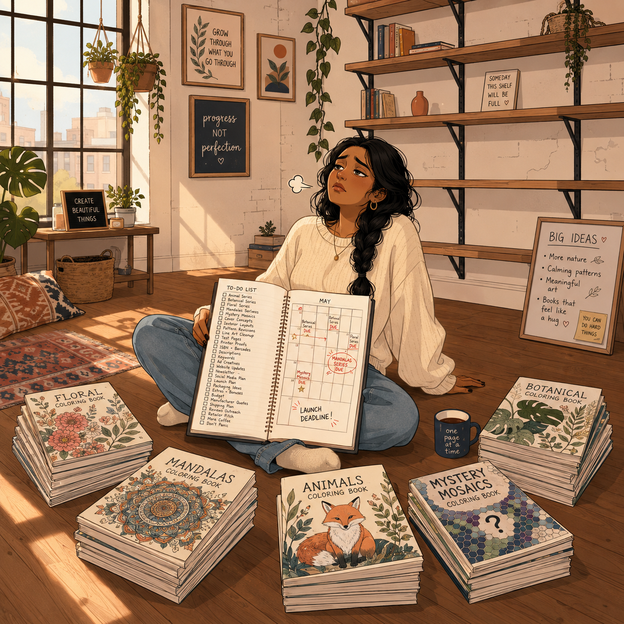 Cartoon illustration of the publisher overwhelmed by stacks of incomplete books