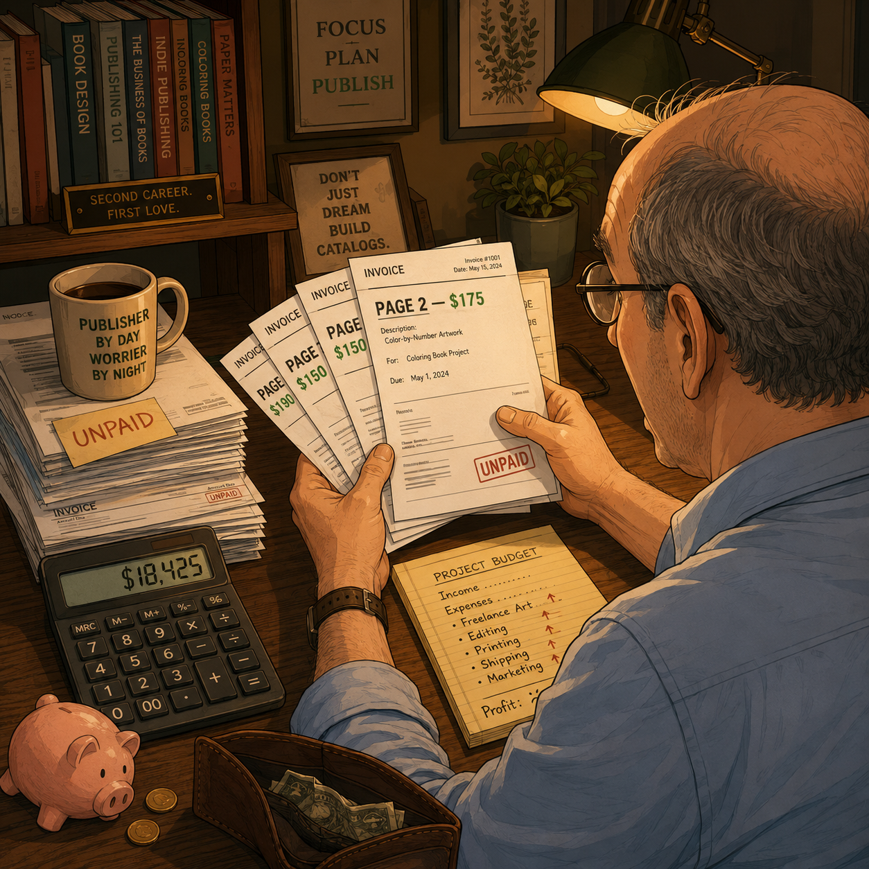 Cartoon illustration of the publisher shocked by freelance invoices and costs