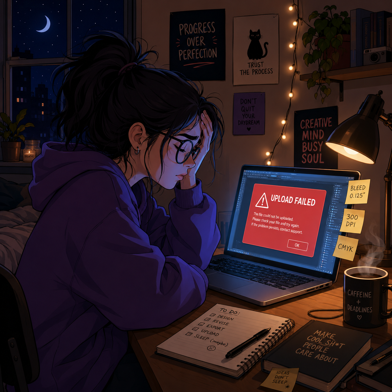 Cartoon illustration of the publisher staring at a KDP upload error at midnight