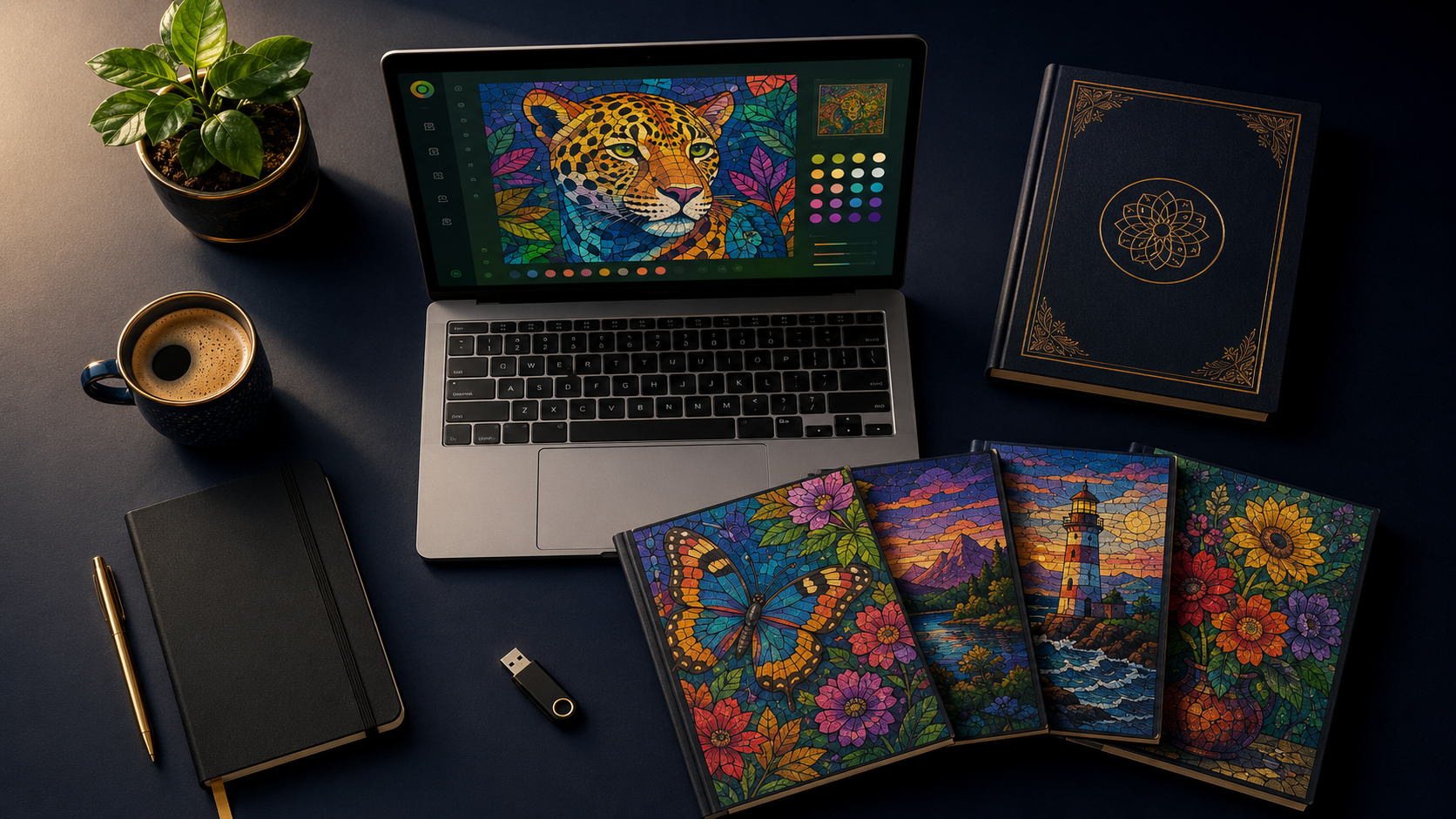 The complete white-label bundle — laptop, printed guide, four coloring books, USB drive